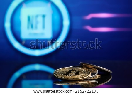 NFT Bitcoin Ethereum cryptocurrency coins on stack token crypto currency blockchain. Cryptoart concept