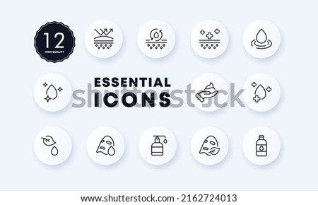 Skin hydration set icon. Moisturizing, mask, cream, pore cleaning, acne protection, sanitation, etc. Personal care concept. Neomorphism style. Vector line icon for Business and Advertising.
