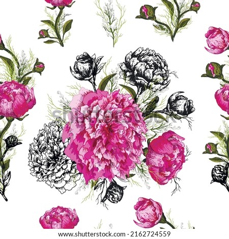 Seamless vector pattern with romantic  peony isolated on a white background. realistic flowers, sketch drawn by hand. for the design of Wallpaper, fabric, wrapping paper. vector art  illustration.