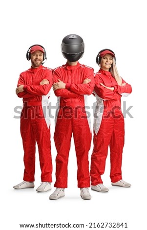 Racing team members and a racer with a helmet posing isolated on white background Royalty-Free Stock Photo #2162732841