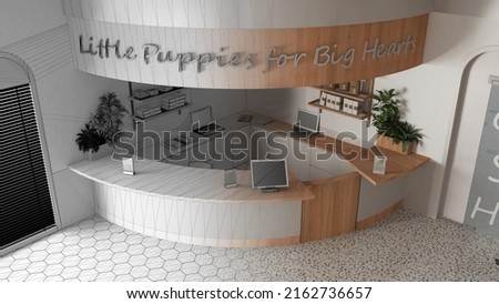 Architect interior designer concept: hand-drawn draft unfinished project that becomes real, veterinary clinic reception desk. Shelves with pet food, potted plants, top view, above, 3d illustration