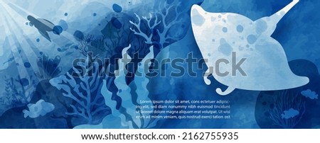 Stingray with the scene of under ocean in watercolor style, example texts on white paper pattern background. Card and poster of ocean in blue watercolor style and ิbanner vector design.