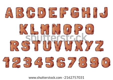 Gingerbread cartoon alphabet. Font from letters and numbers in the form of gingerbread with chocolate chips. Cookie lettering. Isolated objects for books, textile, cards. Vector cartoon style. Royalty-Free Stock Photo #2162757031