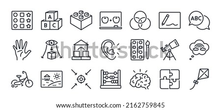 Preschool abilities and child development related editable stroke outline icons set isolated on white background flat vector illustration. Pixel perfect. 64 x 64. Royalty-Free Stock Photo #2162759845
