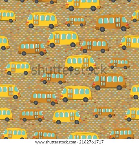 Seamless pattern with cute bus, car on color background. Cartoot transport. Vector illustration. Doodle style. Design for baby print, invitation, poster, card, fabric, textile.