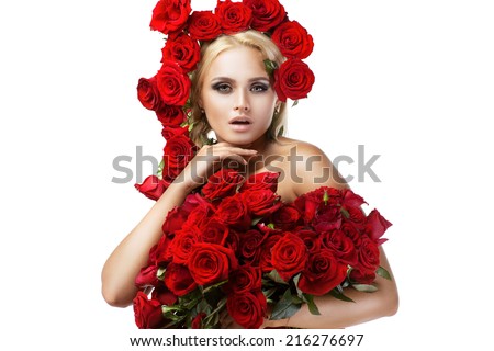 beautiful portrait of a gorgeous woman with roses
