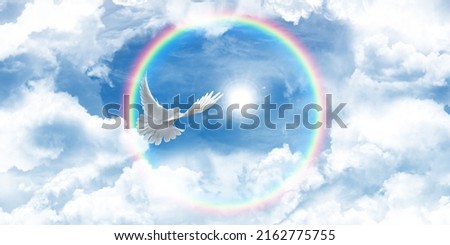 Sunny blue sky and rainbow background. Dove flying towards white fluffy clouds with round rainbow.