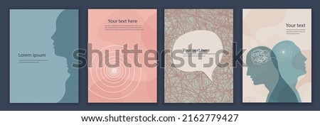 Metaphor bipolar disorder mind mental. Template set. Leaflet brochure. Double face. Split personality. Concept mood disorder. 2 Head silhouette. Psychology. Mental health.Poster copy space Royalty-Free Stock Photo #2162779427