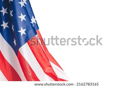 Close-up of the American flag on a white background. Space for text. Close-up photo