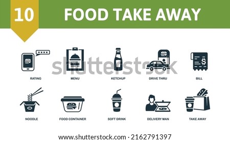 Food Take Away icon set. Contains editable icons take away theme such as burger, coffee cups, location and more.