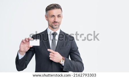 businessman in suit point finger on business card isolated on white background Royalty-Free Stock Photo #2162793303