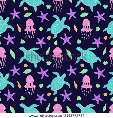 Seamless vector pattern with sketch of jellyfish, turtle, sea stars and seashells. Sea seamless vector pattern. Decoration print for wrapping, wallpaper, fabric. 