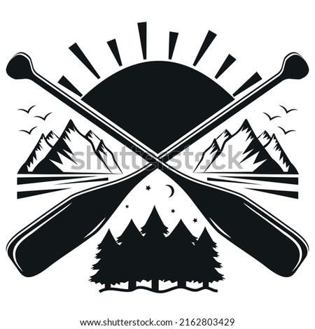 Emblem, label logo on the theme of tourism, recreation and fishing outdoors, Vector illustration panorama.