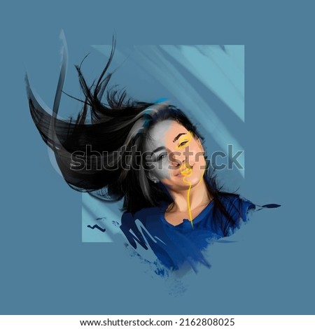 Looks happy, cheerful. Young beautiful girl's portrait over blue background. Poster graphics. Combination of photo and illustration. Ideas, inspiration, fashion and emotions. Concept of art, beauty