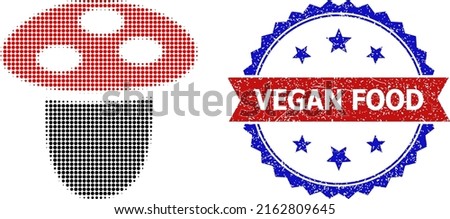 Halftone mushroom icon, and bicolor rubber Vegan Food seal stamp. Halftone mushroom icon is constructed with small spheric items. Vector seal with retro bicolored style,