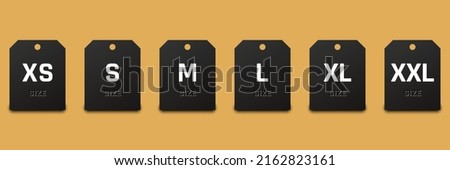 Size label tag in black. Small, large and extra large sizes. Clothing size labels on white background. Small, medium and large shopping tag. Vector illustration.