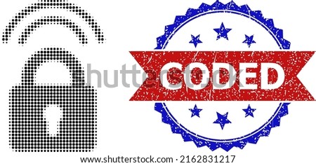 Halftone wifi lock icon, and bicolor textured Coded seal stamp. Halftone wifi lock icon is made with small circle elements. Vector seal with unclean bicolored style, Royalty-Free Stock Photo #2162831217