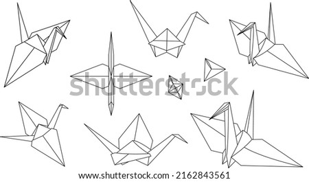 Set of crane origami vector illustrations, simple black outline designs, flat style, isolated, geometric, minimalist animals