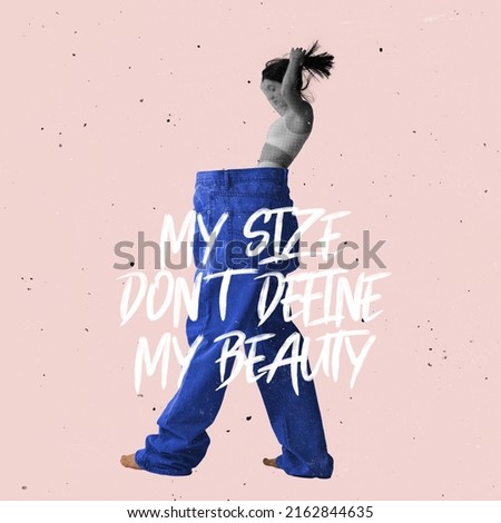 Contemporary art collage. Conceptual image of slender young girl in giant jeans isolated over pink background. Self-love, self-care. Concept of acceptance, body positivity, care, femininity