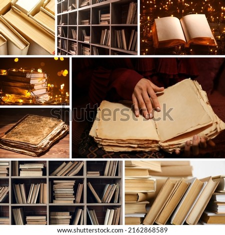 Collage with young woman and many different books 