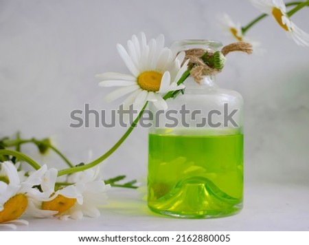 Oil cosmetic flower chamomile on a light background