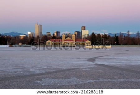 The icy lake at City Park during the morning hours in Denver Colorado