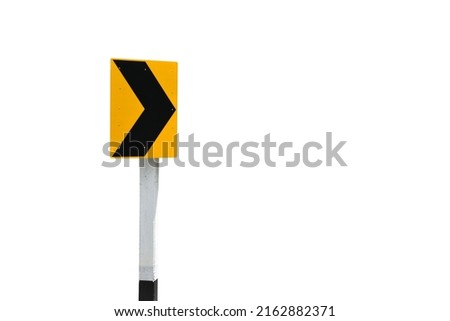 Isolated right black arrow warning sign on white pole, traffic signs, with clipping paths.