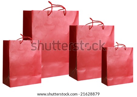 Four red paper bags with special offer prizes over white background