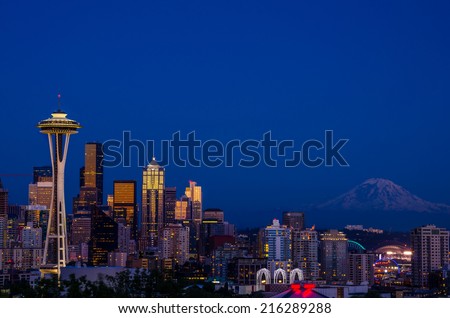 View of Seattle and Mount Rainier at Night