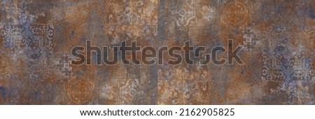 Old brown gray rusty vintage worn geometric shabby mosaic ornate patchwork motif porcelain stoneware tiles stone concrete cement wall texture background banner panorama Royalty-Free Stock Photo #2162905825