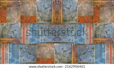 Old orange blue rusty vintage worn geometric arabesque shabby mosaic ornate patchwork motif porcelain stoneware tiles stone concrete cement wall texture background Royalty-Free Stock Photo #2162906461