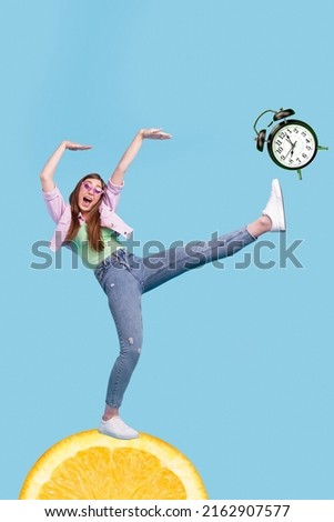 Creative 3d photo artwork graphics collage of funny funky girl standing citrus slice beating clock isolated blue color background Royalty-Free Stock Photo #2162907577