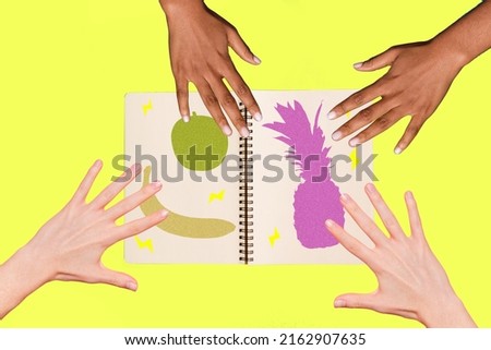 Collage image of four black white people palms choosing fruit images drawing copybook isolated neon yellow color background Royalty-Free Stock Photo #2162907635