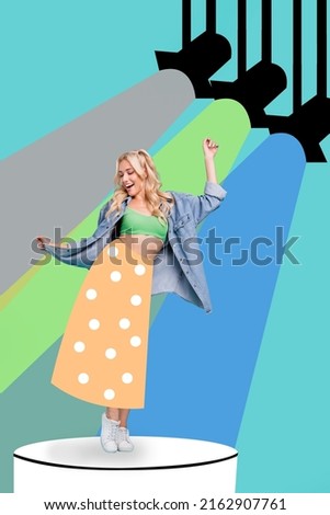 Vertical composite picture of positive person dance floor isolated on drawing lights effect background