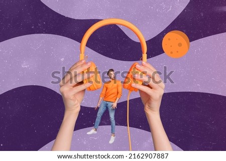 Creative template banner of guy amazed clear sound playing from headset isolated colorful background