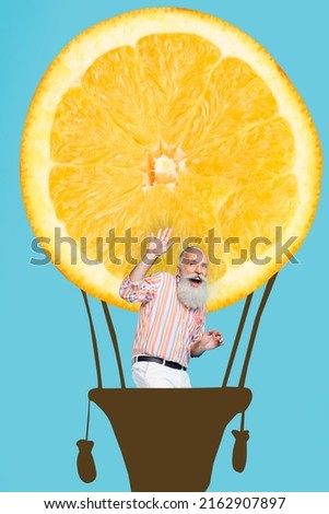 Photo 3d artwork minimal collage of funky funny mature guy flying juicy citrus slice basket isolated blue color background Royalty-Free Stock Photo #2162907897