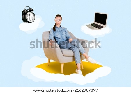 Creative 3d photo artwork graphics collage of serious lady sitting armchair planning day isolated blue color background