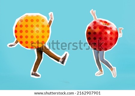 Creative collage of two people fruits instead body dancing partying isolated on blue color background