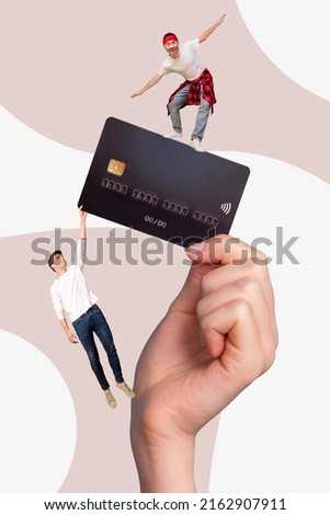 Photo artwork minimal collage of funky funny two guys standing big huge credit card holding arm isolated white beige color background