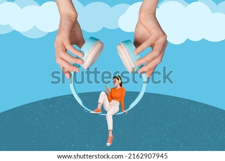 Creative artwork mockup of lady sit huge headset visual effect search melody gadget isolated color blue sky background
