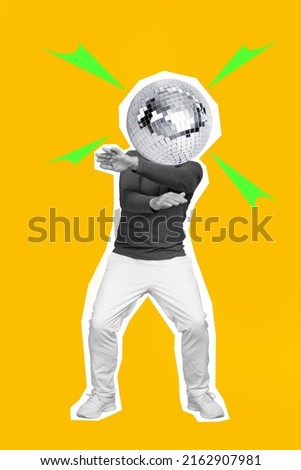 Collage image of pinup pop retro sketch black white visual effect guy disco ball instead of head isolated orange color background Royalty-Free Stock Photo #2162907981