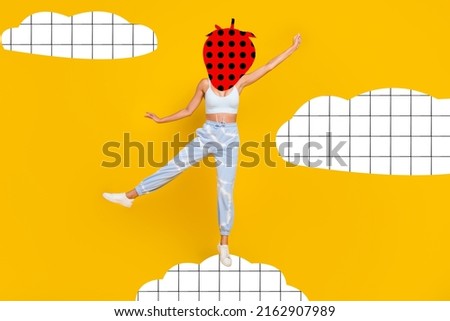Creative picture of person stand drawing cloud strawberry instead head isolated on yellow color background