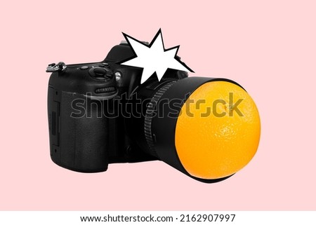 Photo cartoon comics sketch collage of camera orange lens white flash isolated pastel pink color background