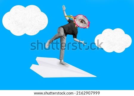 Creative retro magazine collage of male man flying paper plane dragon fruit instead head clouds isolated blue color background
