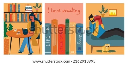 The concept of reading day. People hold a book in their hands. Human character on the background. Flat design style vector cards.