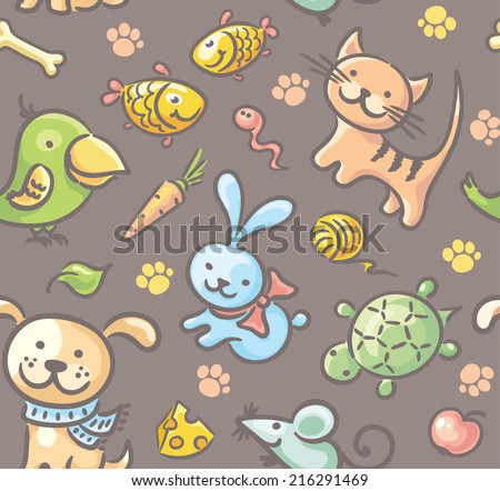 Seamless pattern with pets and their food