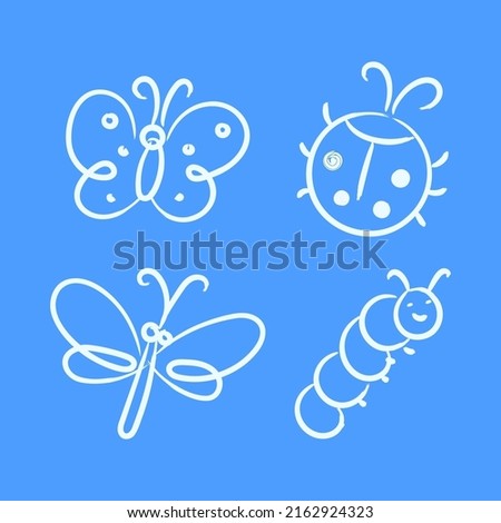 Doodle Butterfly, Ladybug, Dragonfly and Caterpillar. All The Images Are Isolated. Kid Doodle Style. Vector Illustration.