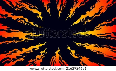 Tongues of fire directed to the center on a black background. Comic fantasy fire flame backgrounds. Design template page. Hand drawn vector art