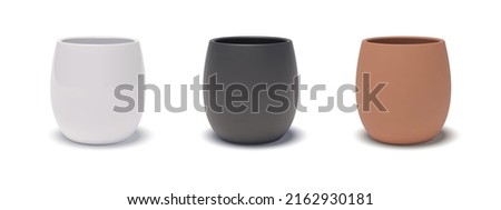 3D realistic glossy white, black and terracotta ceramic flower pots with drop shadows. Three-dimensional empty reservoirs for house plants. Vector isolated clipart Royalty-Free Stock Photo #2162930181