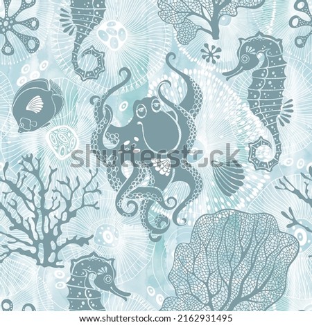 Underwater world. Cartoon seamless pattern with sea creatures and  plants. Vector illustration on a blue watercolor background. Perfect for design templates, wallpaper, wrapping, fabric and textile.